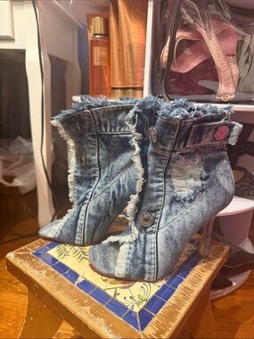 Distressed Denim High Heel Ankle Boots - Blue